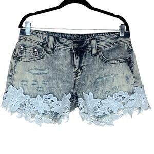 MISS ME Jeans Signature Shorts Women's 28 Mid-Rise Lace‎ Distressed Vtg Blue